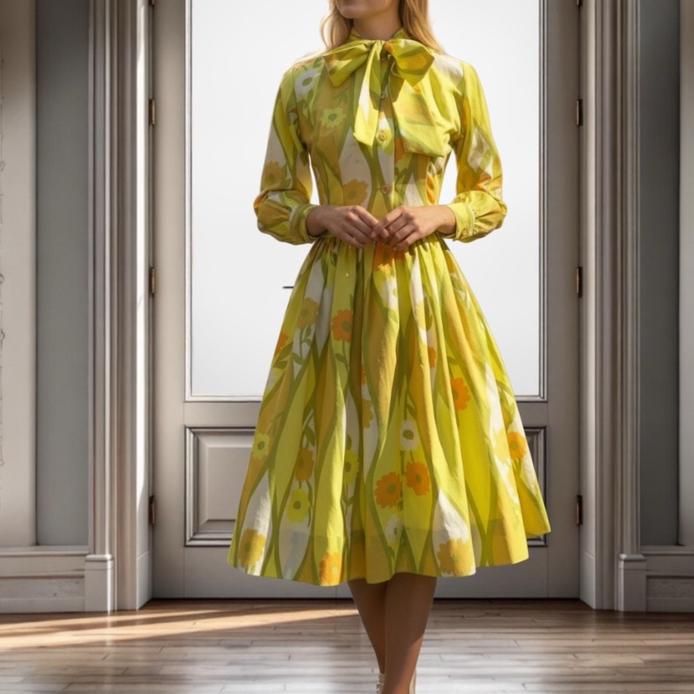 Vintage 1960s Yellow Floral Semi Sheer Midi Fit and Flare Dress Handmade